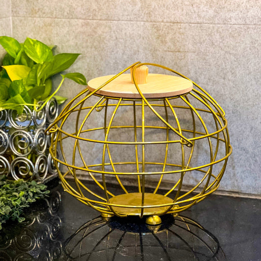 Golden Multipurpose Basket with Wooden Lid & Handles