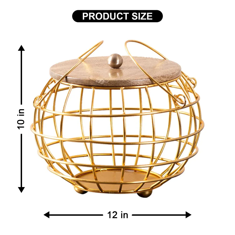 Golden Multipurpose Basket with Wooden Lid & Handles
