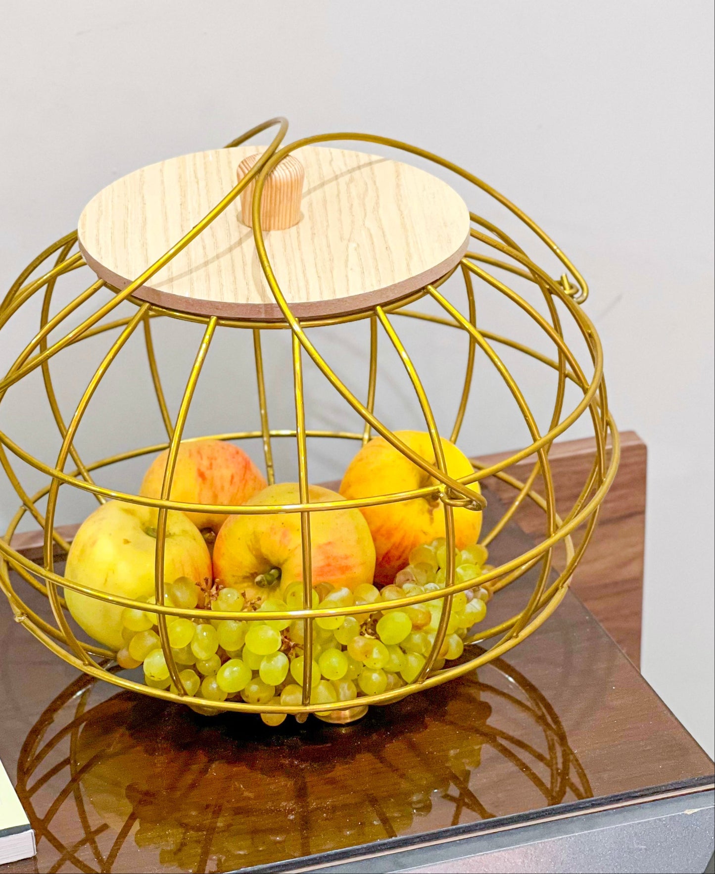 Golden Multipurpose Basket with Wooden Lid & Handles