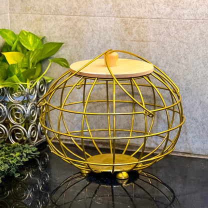 Golden Multipurpose Basket with Wooden Lid & Handles
