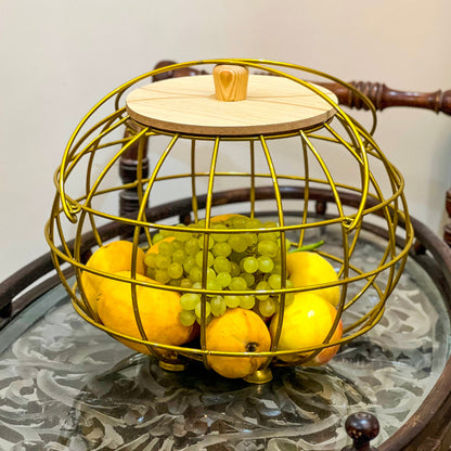 Golden Multipurpose Basket with Wooden Lid & Handles