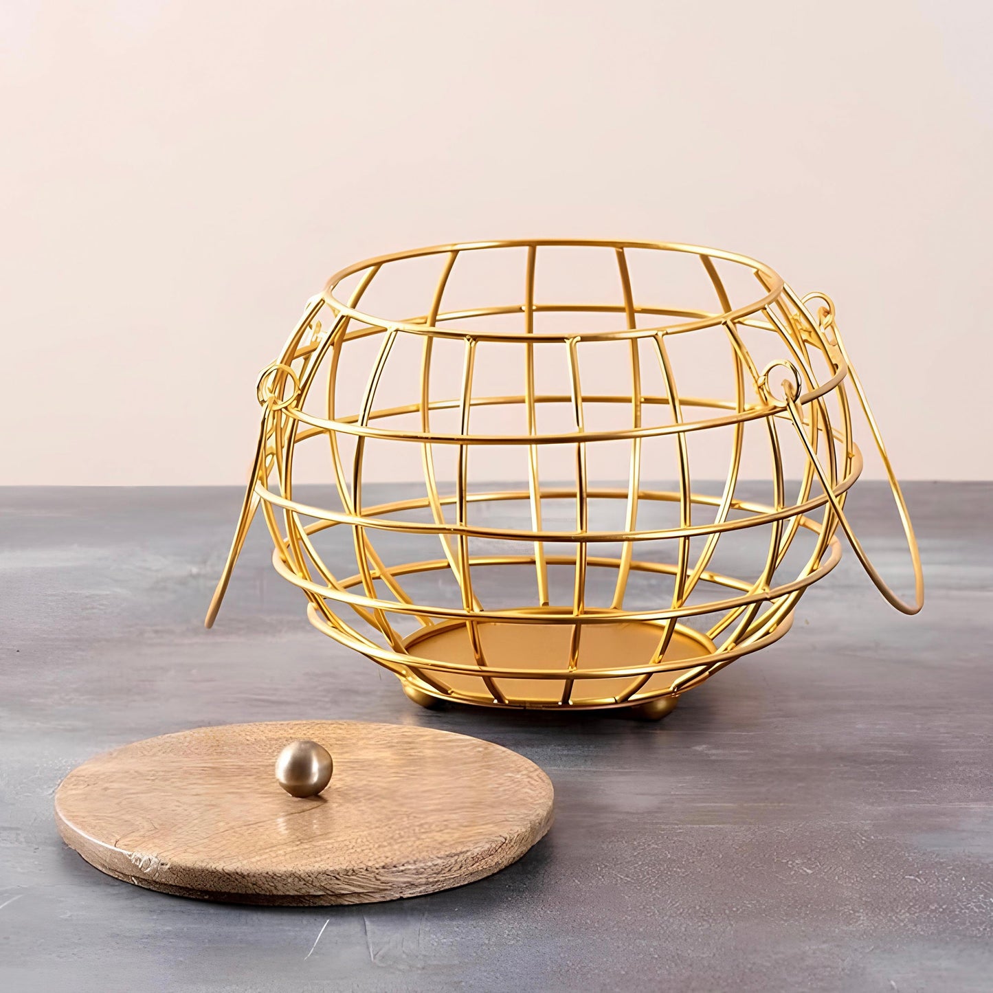 Golden Multipurpose Basket with Wooden Lid & Handles